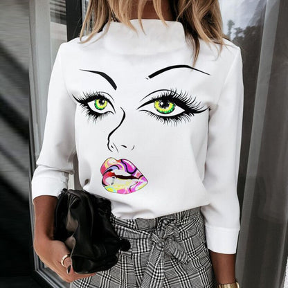 Elegant Woman's Top Face Print tops Ladies Casual Long Sleeve Top