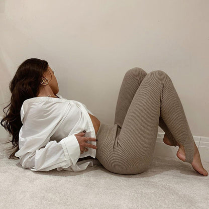 Women's Beige Ribbed Knit Leggings
