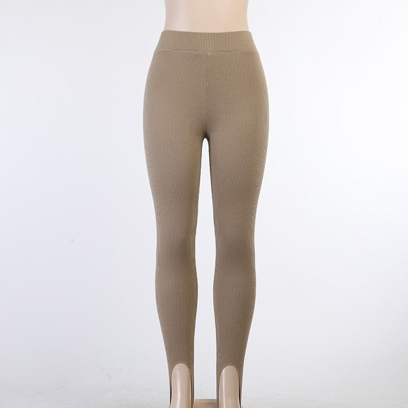 Women's Beige Ribbed Knit Leggings