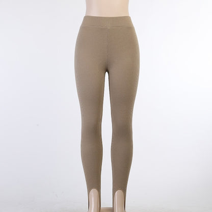 Women's Beige Ribbed Knit Leggings