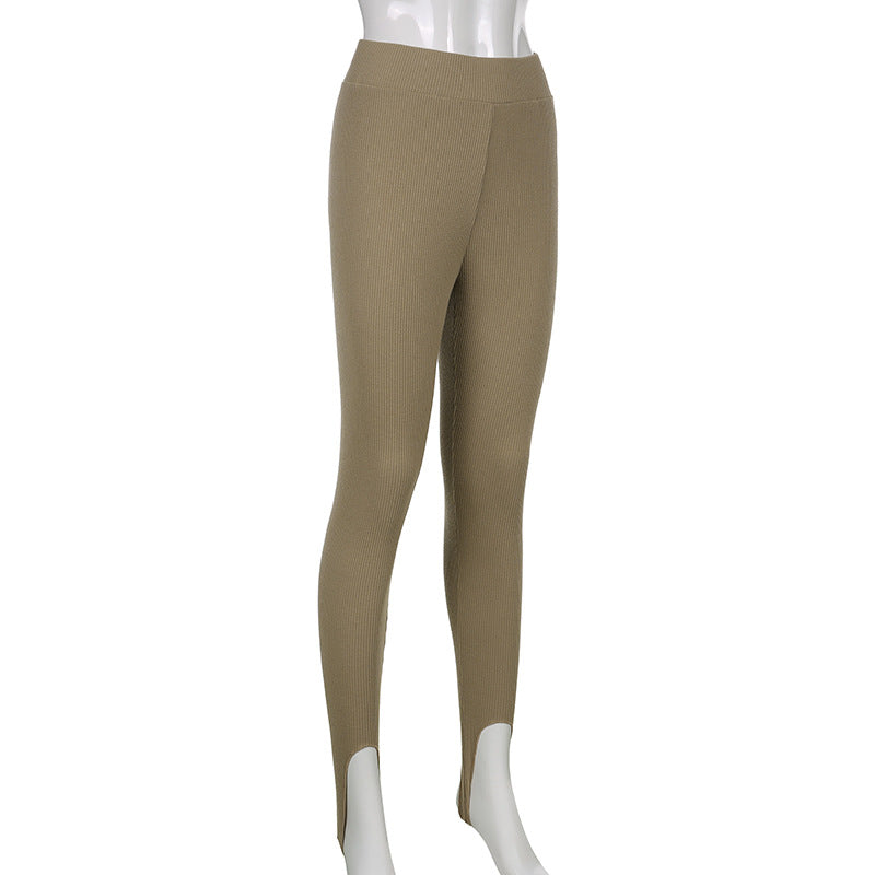 Women's Beige Ribbed Knit Leggings