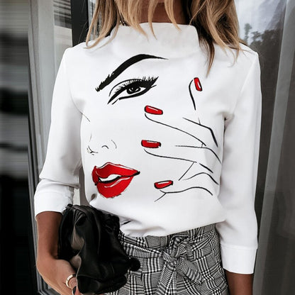 Elegant Woman's Top Face Print tops Ladies Casual Long Sleeve Top