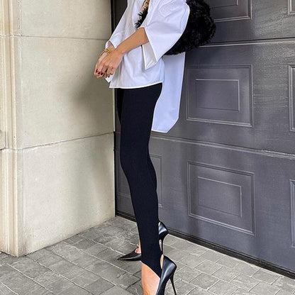 Women's Beige Ribbed Knit Leggings