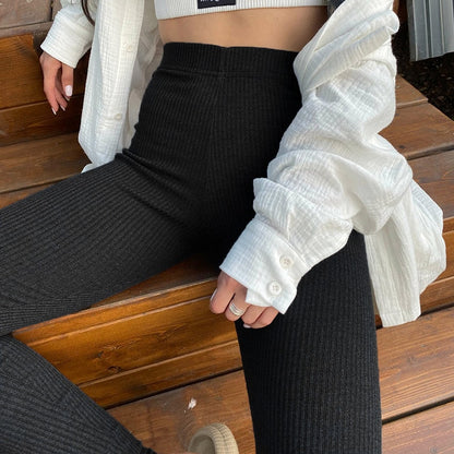Women's Beige Ribbed Knit Leggings