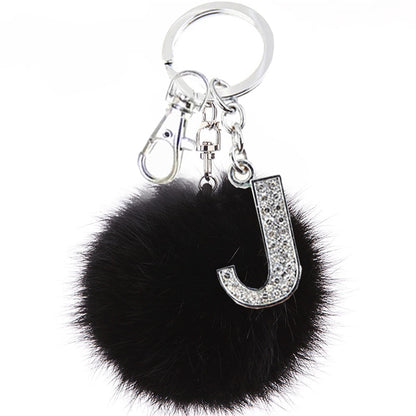 Fluffy Black Pompom Faux Rabbit Fur Ball Keychains with Crystal Letter