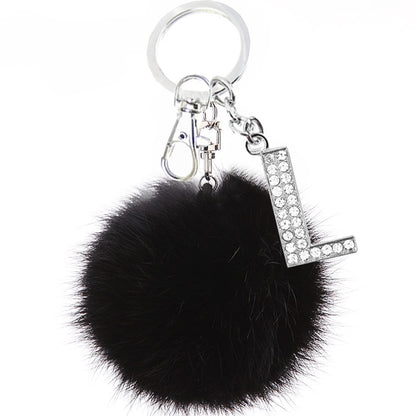 Fluffy Black Pompom Faux Rabbit Fur Ball Keychains with Crystal Letter